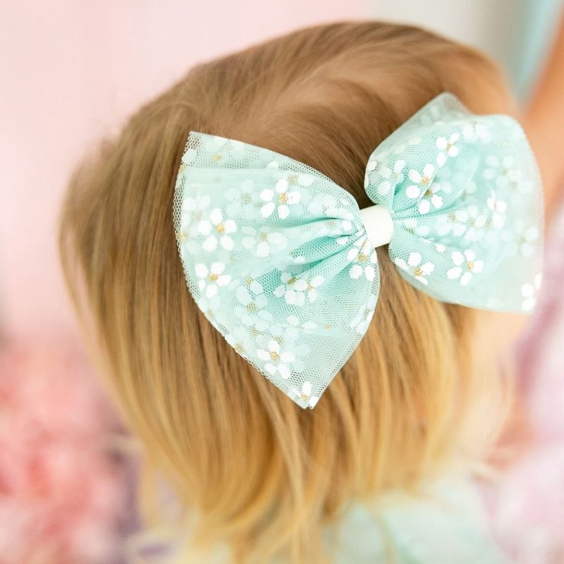 Aqua Daisy Tulle Bow Clip