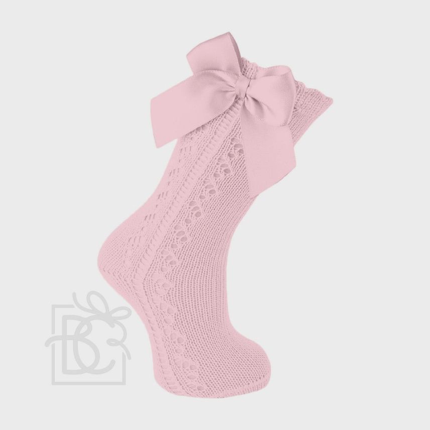 Scottish Yarn Openwork Bow Knee High Socks, Color: Soft Pink, Size: 00 (3-6M)