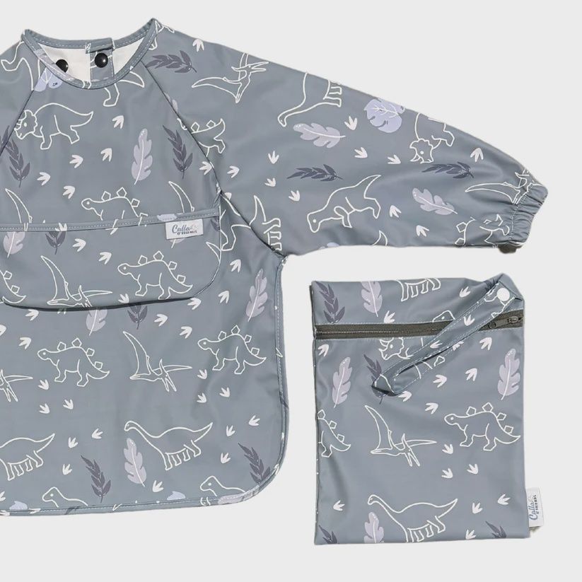 Long Sleeve Smock Bib | Teal Dino
