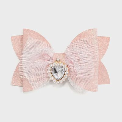 Heart Charm Glitter Bow Hair Clip