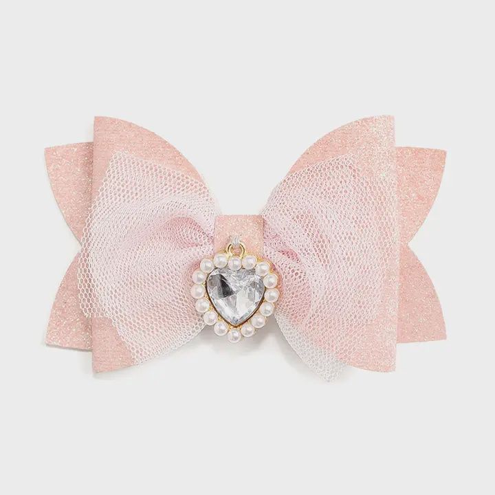 Heart Charm Glitter Bow Hair Clip