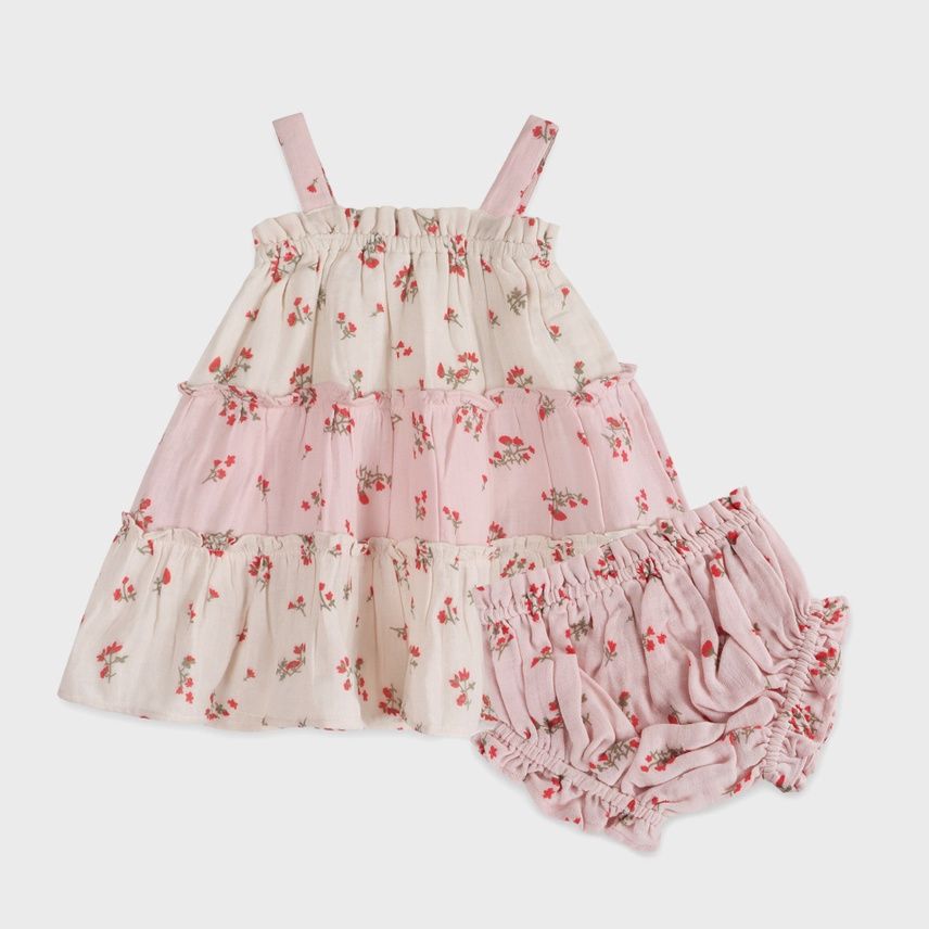 Bijou Tiered Floral Baby Dress + Bloomer (Organic) | Tea Rose