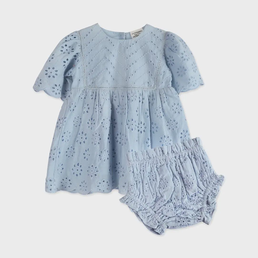 Milos Schiffli Baby Dress + Bloomer (Organic) | Powdered Blue