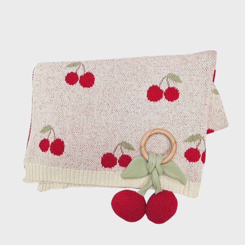 Cherry Organic Baby Blanket + Ring Rattle Toy Gift Set