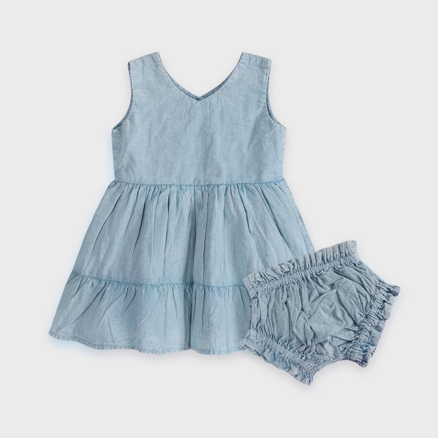 River Soft Denim Washed Baby Dress + Bloomer (Organic)
