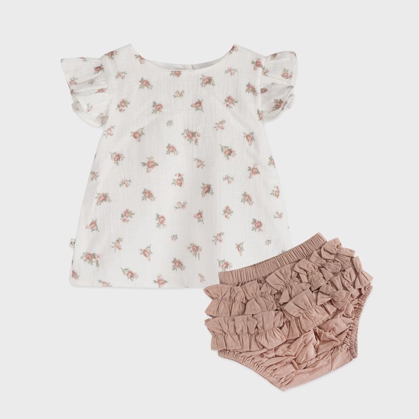 Tea Rose Floral Ruffle Sleeve Baby Top + Bloomer (Organic)