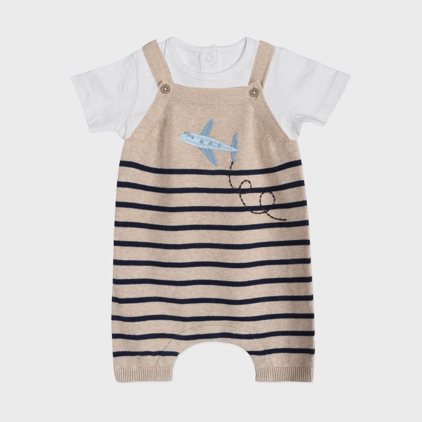 Airplane Stripe Embroidered Knit Romper (Organic)