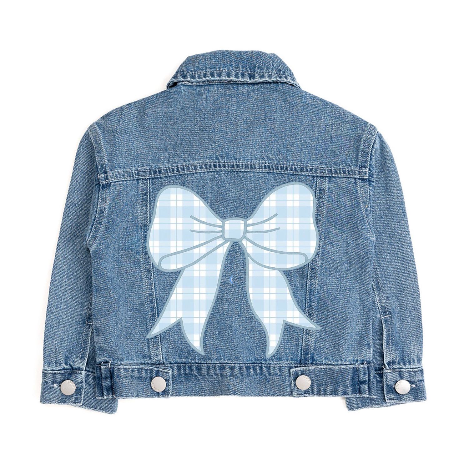 Blue Plaid Bow Patch Denim Jacket, Size: 3T
