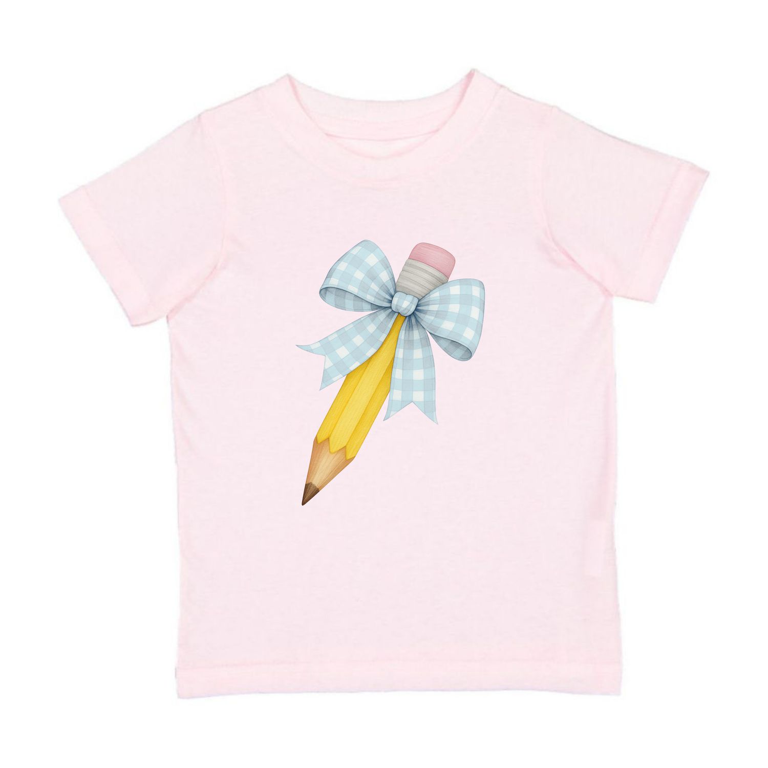 Blue Plaid Pencil Bow Short Sleeve T-Shirt