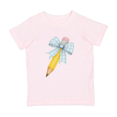 Blue Plaid Pencil Bow Short Sleeve T-Shirt