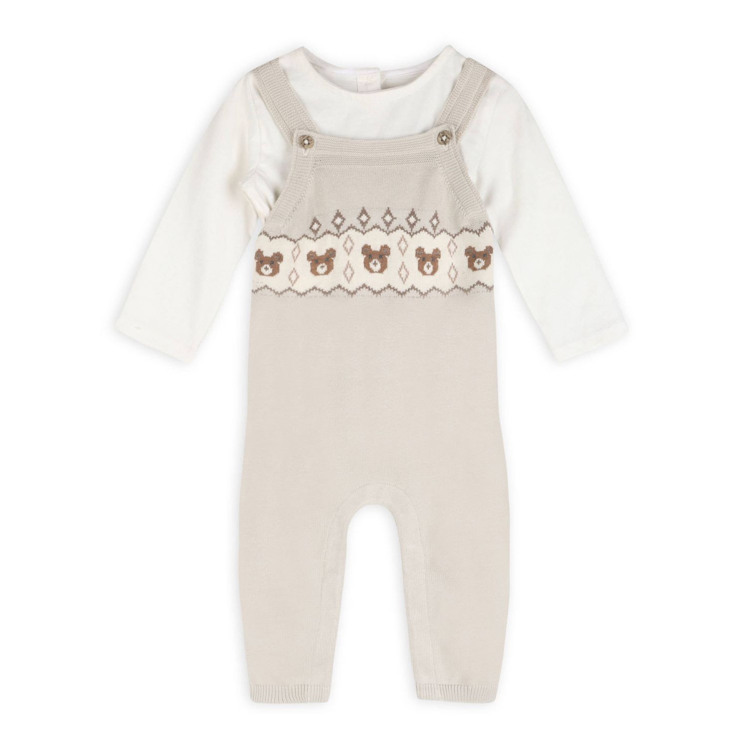 Bear Fair Isle Knit Baby Overall Set (Organic Cotton), Color: Stone, Size: 0-3M