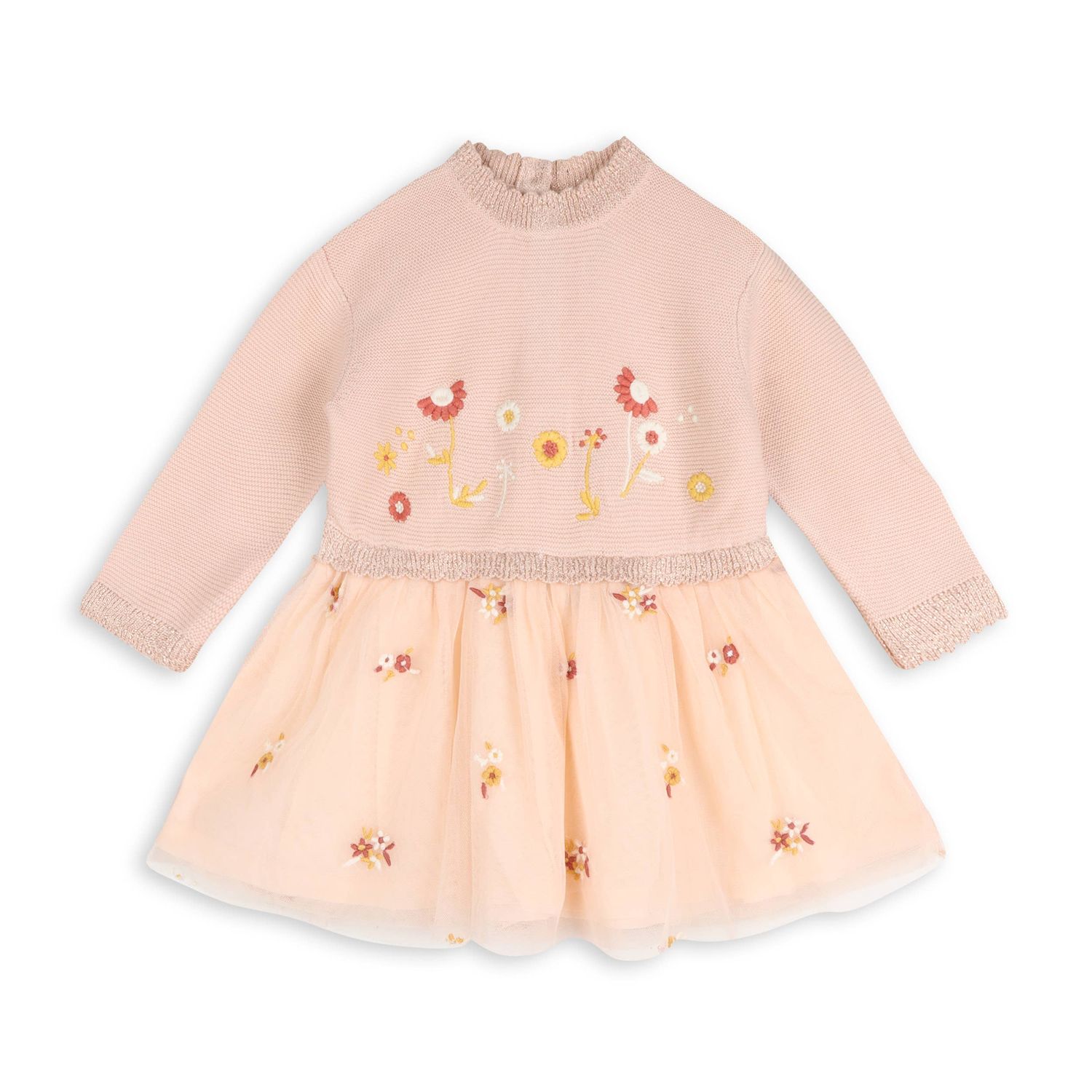 Floral Embroidery Knit Baby Tutu Dress (Organic Cotton), Color: Sweet Pink, Size: 18-24M