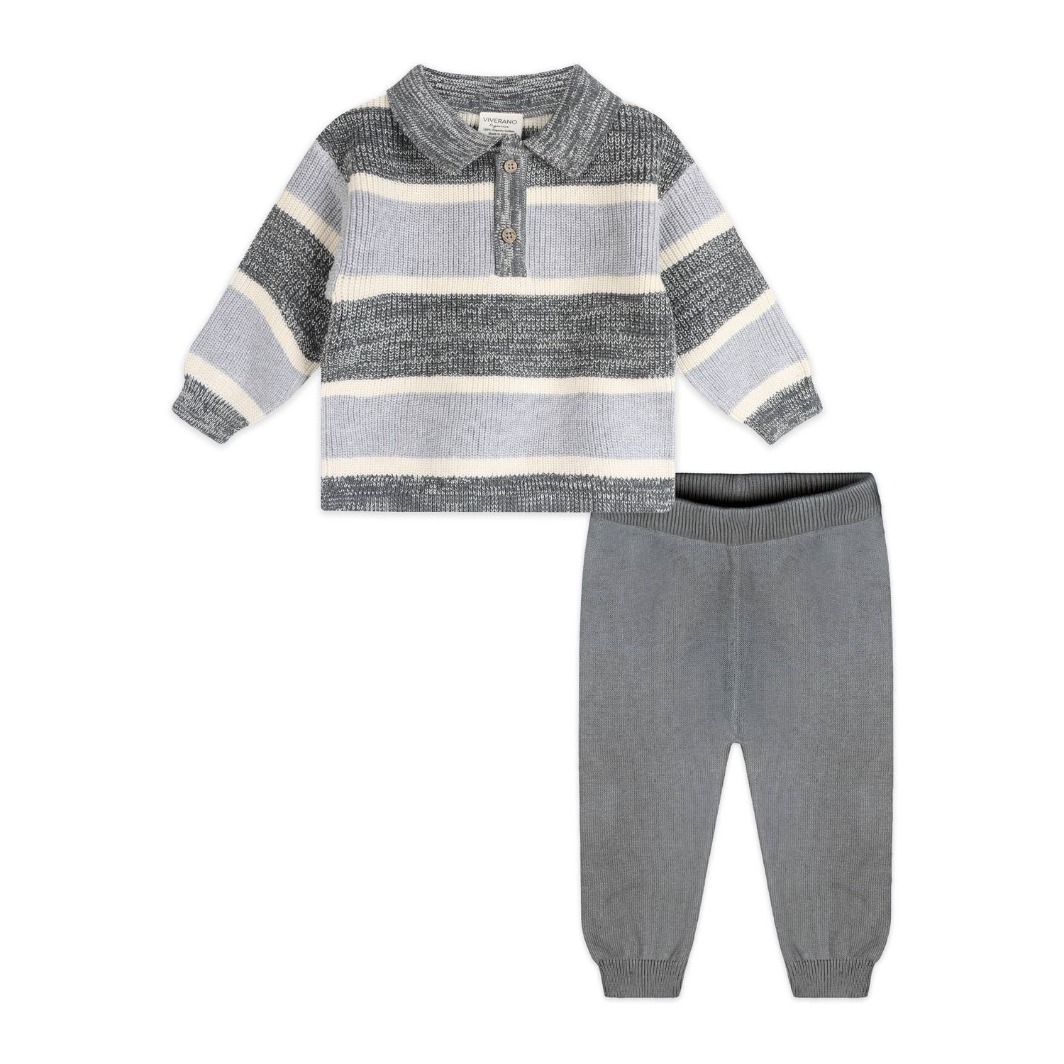 Rugby Stripe Polo Knit Pullover &amp; Pants Set (Organic), Color: Charcoal, Size: 18-24M