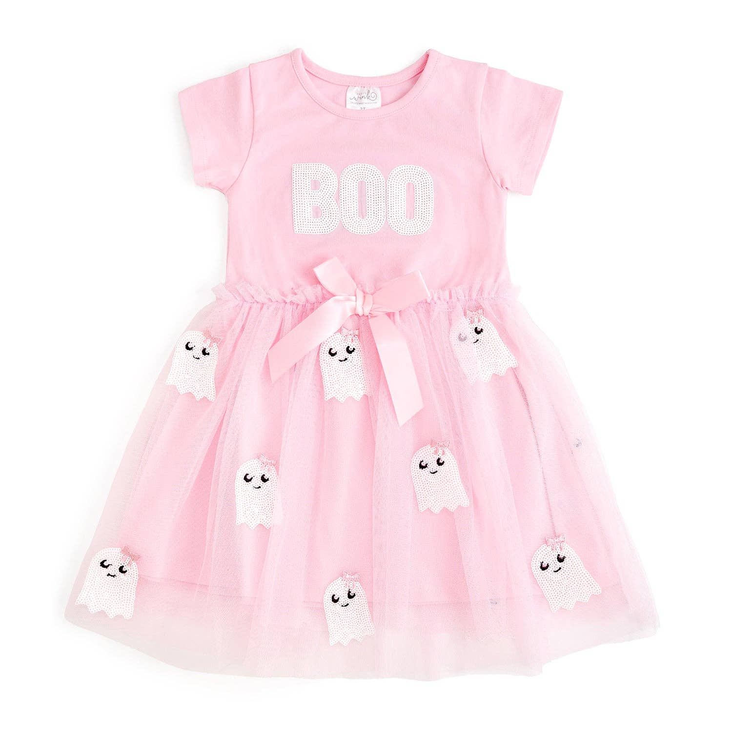 Boo Sequin Patch Halloween Short Sleeve Tutu Dress - Kids