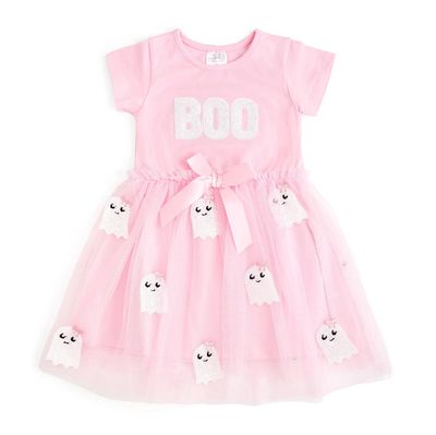 Boo Sequin Patch Halloween Short Sleeve Tutu Dress - Kids