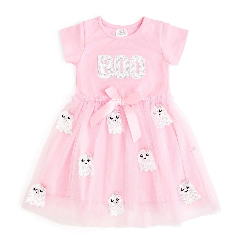 Boo Sequin Patch Halloween Short Sleeve Tutu Dress - Kids