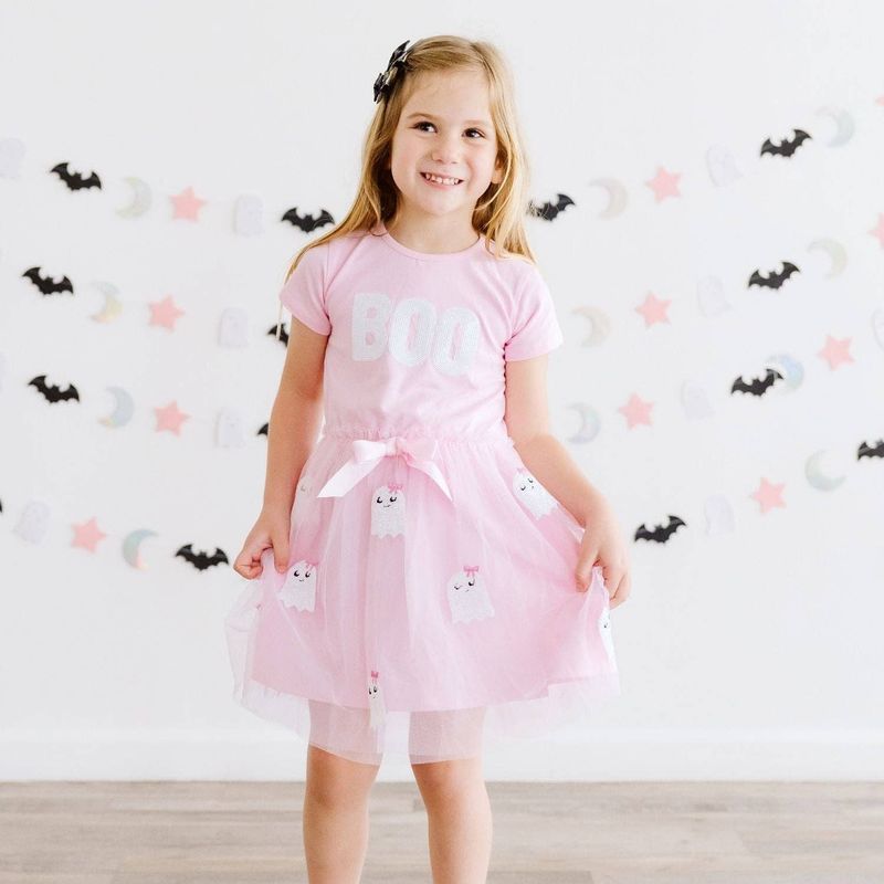 Boo Sequin Patch Halloween Short Sleeve Tutu Dress - Kids
