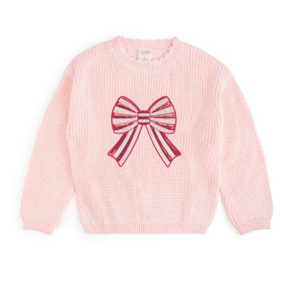 Candy Cane Swirl Sequin Bow Patch Sweater - Kids Clothing