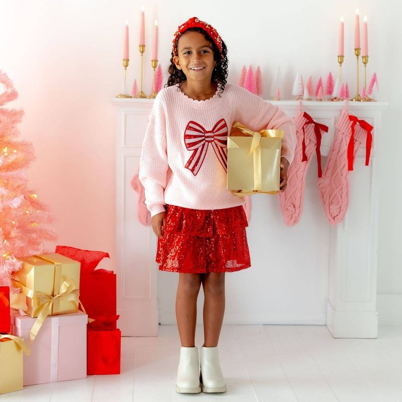 Candy Cane Swirl Sequin Bow Patch Sweater - Kids Clothing
