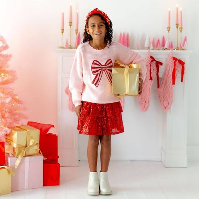 Candy Cane Swirl Sequin Bow Patch Sweater - Kids Clothing