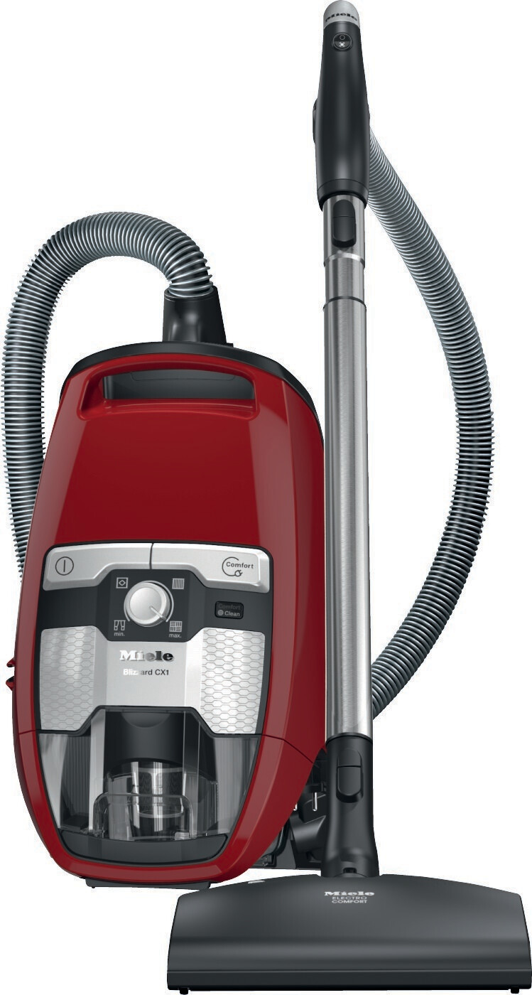 Autumn Red Miele Blizzard CX1 Cat and Dog Turbo PowerLine bagless vacuum showing the clear dust container and STB 305-3 turbo