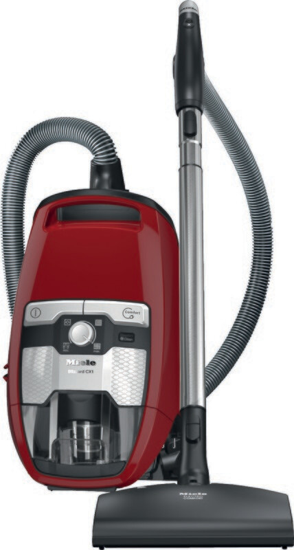 Autumn Red Miele Blizzard CX1 Cat and Dog Turbo PowerLine bagless vacuum showing the clear dust container and STB 305-3 turbo