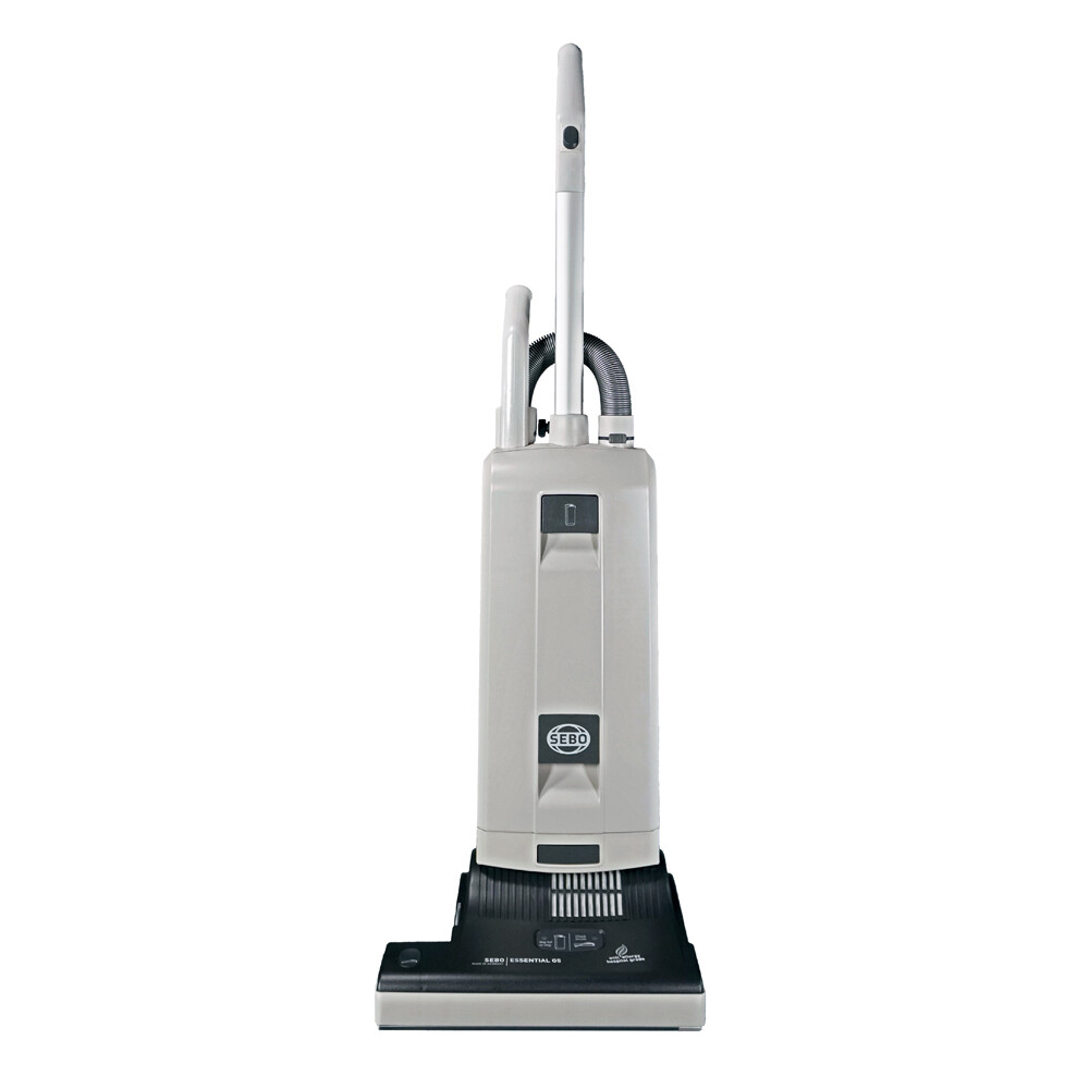 SEBO Essential G5 commercial grade 15-inch wide upright vacuum cleaner in white and grey.