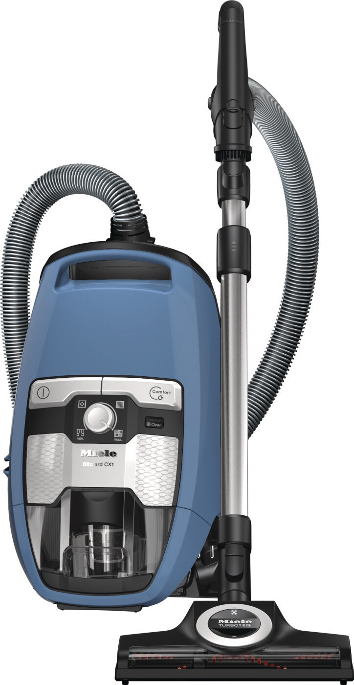 Tech Blue Miele Blizzard CX1 TotalCare bagless vacuum with its clear dust container and parquet twister brush attachment.