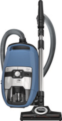 Tech Blue Miele Blizzard CX1 TotalCare bagless vacuum with its clear dust container and parquet twister brush attachment.
