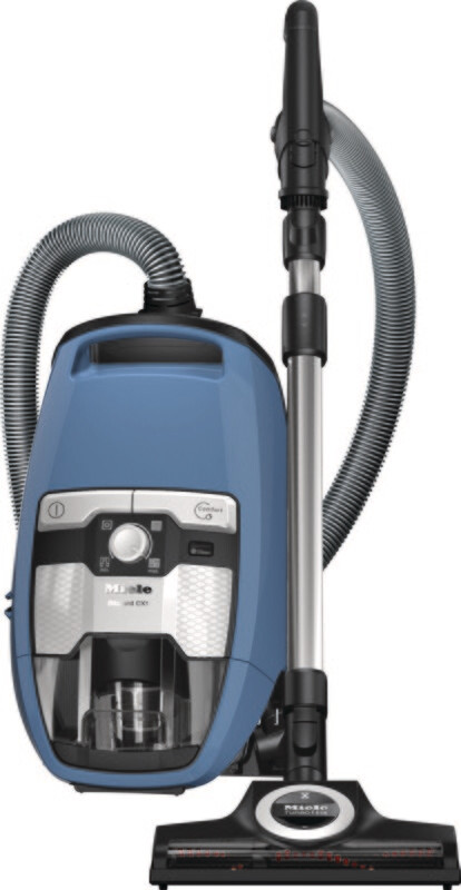 Tech Blue Miele Blizzard CX1 TotalCare bagless vacuum with its clear dust container and parquet twister brush attachment.