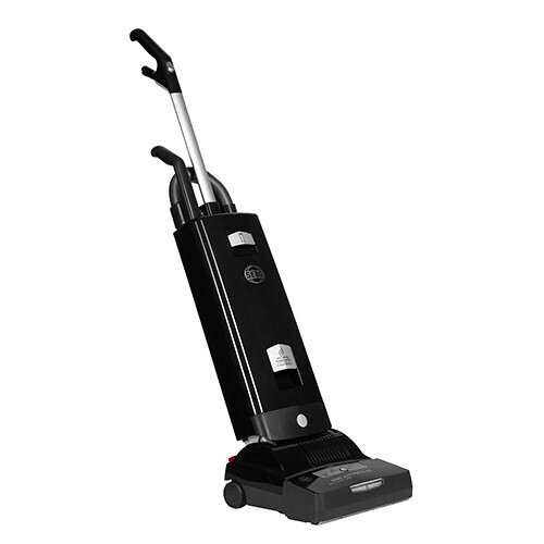 SEBO Automatic X7 Premium PET upright vacuum displaying its front tracking LED headlight, and charcoal filtration indicators.