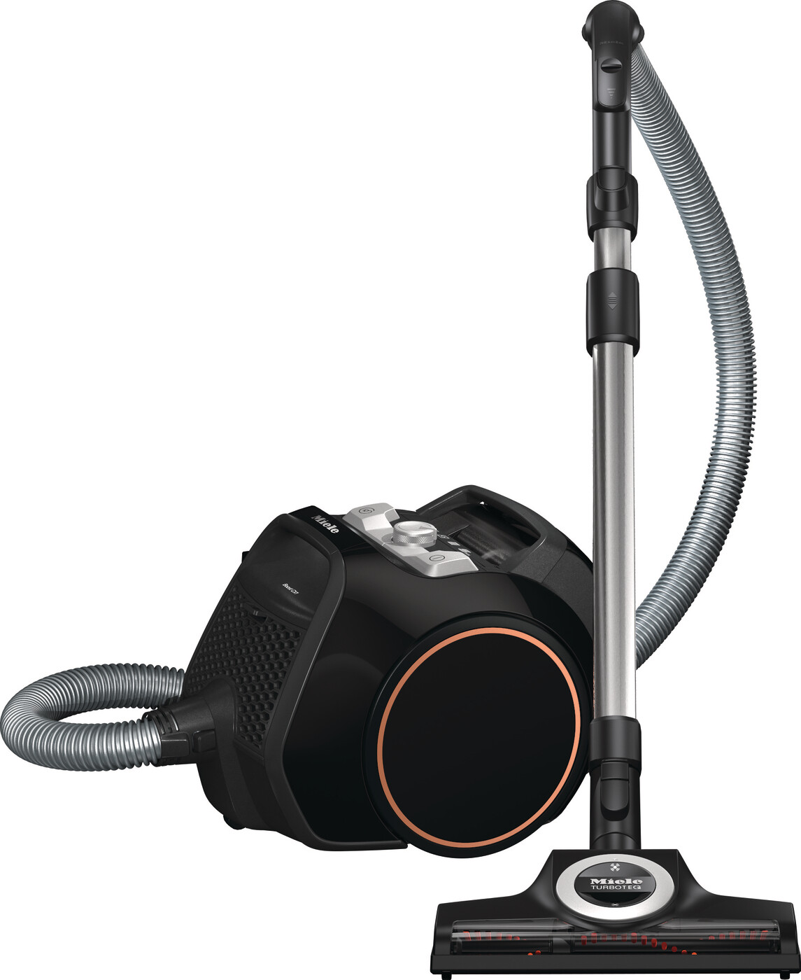 Graphite Grey Miele Boost CX1 Cat &amp; Dog bagless vacuum highlighting its side mounted TrackDesign wheels and turbo floor brush