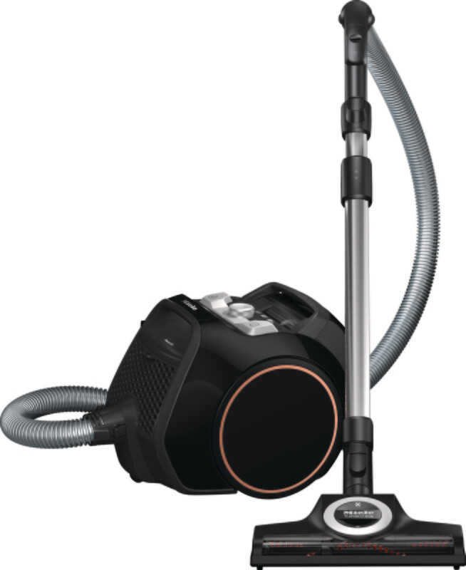 Graphite Grey Miele Boost CX1 Cat &amp; Dog bagless vacuum highlighting its side mounted TrackDesign wheels and turbo floor brush