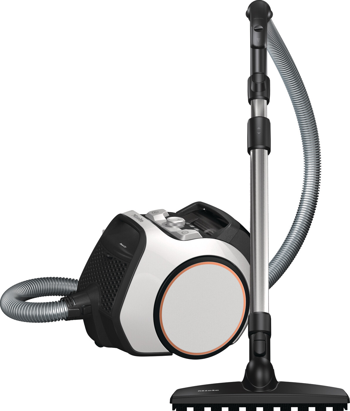 Lotus White Miele Boost CX1 Parquet bagless canister vacuum with Rose Gold wheel accents and the double-swivel Parquet brush