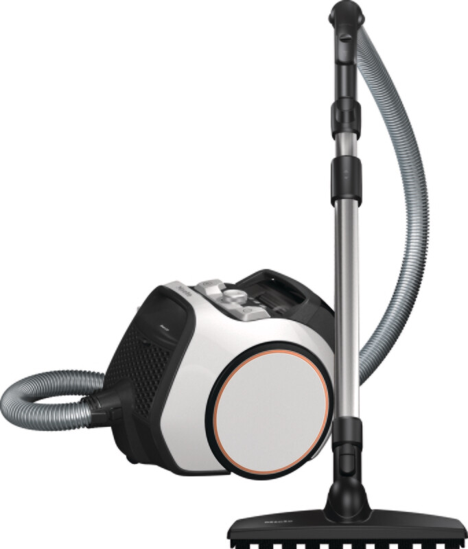 Lotus White Miele Boost CX1 Parquet bagless canister vacuum with Rose Gold wheel accents and the double-swivel Parquet brush