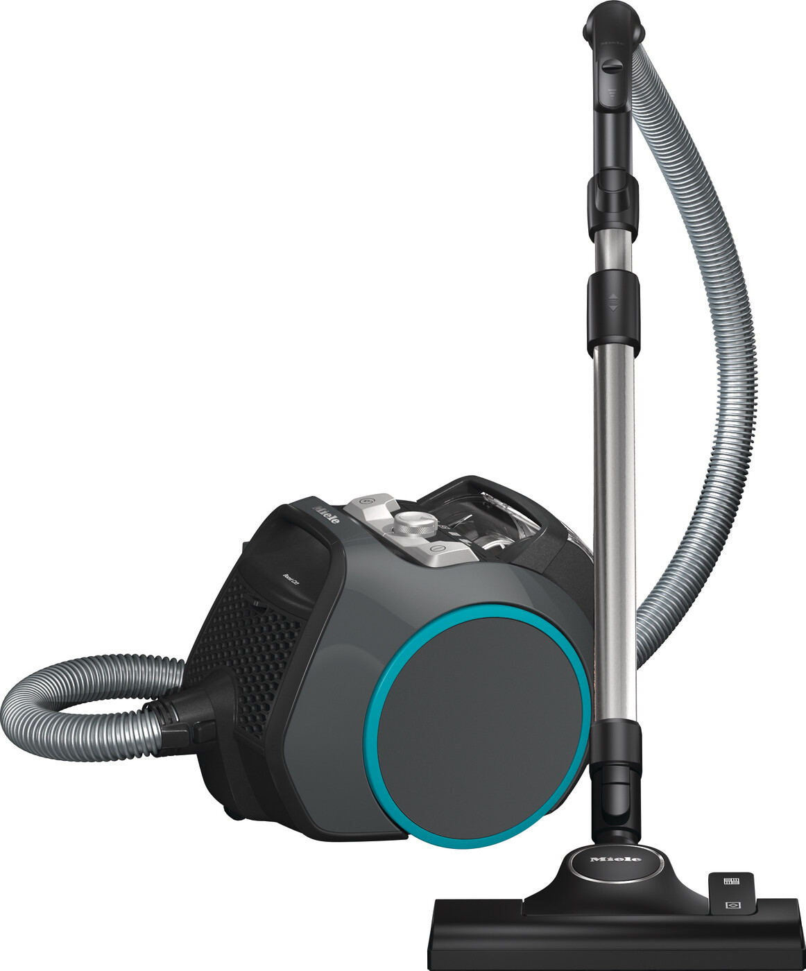 Graphite Grey Miele Boost CX1 bagless vacuum with blue accents displaying the AllTeQ universal floorhead.