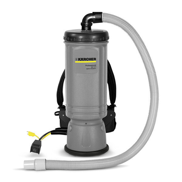 grey Kärcher VAC PAC 6QT commercial backpack vacuum showing its compact 6-quart tank, padded harness, and double-curve wand