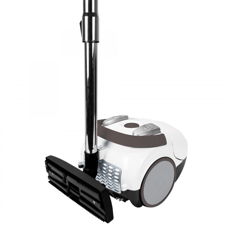 JohnnyVac PRIMA bagged canister vacuum with its telescopic wand, hard floor parquet brush, and carpet turbo head attachments.