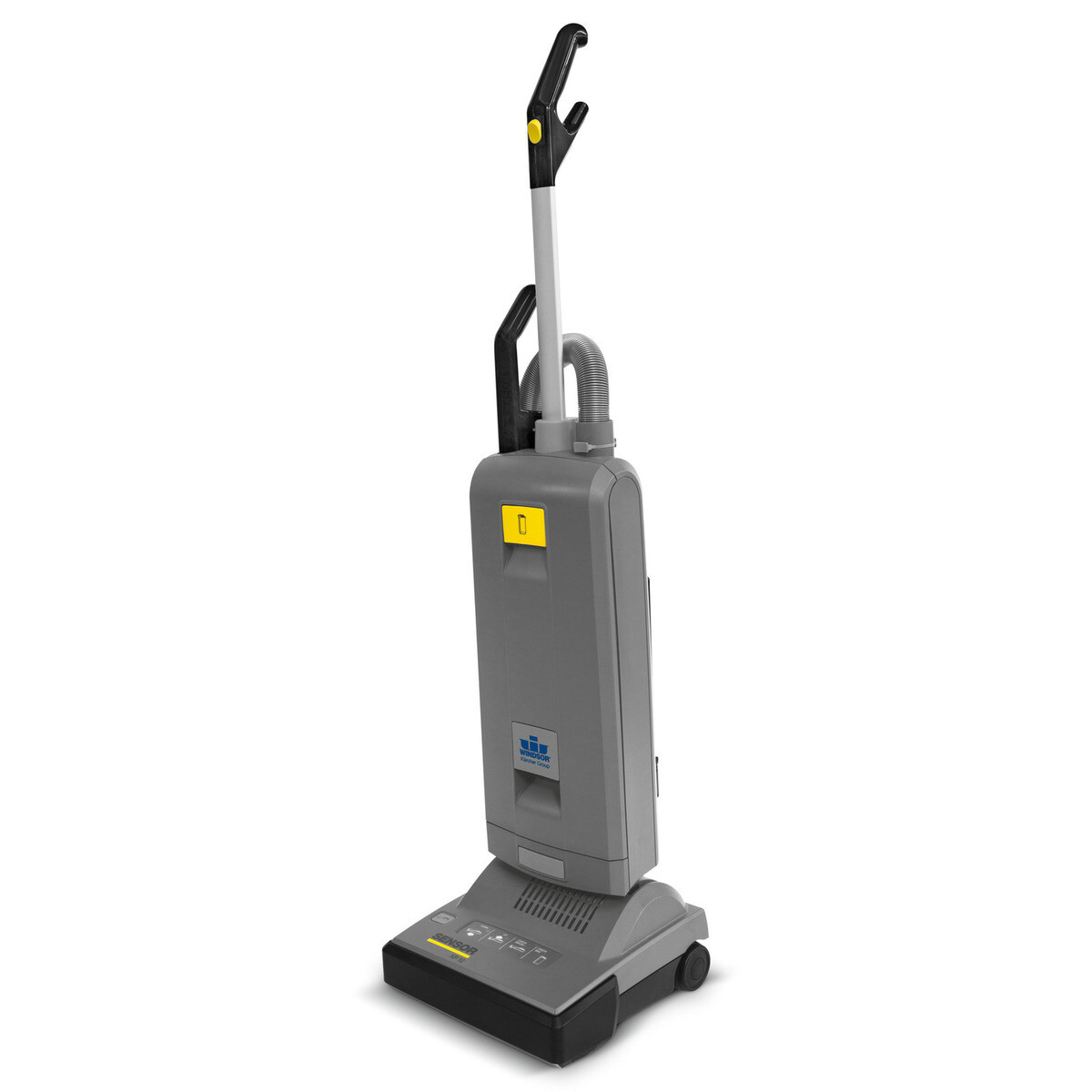 Industrial grey Kärcher Sensor XP 15 commercial upright vacuum highlighting its extra-wide 15-inch brush deck and onboard str