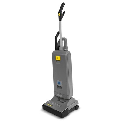 Industrial grey Kärcher Sensor XP 15 commercial upright vacuum highlighting its extra-wide 15-inch brush deck and onboard str