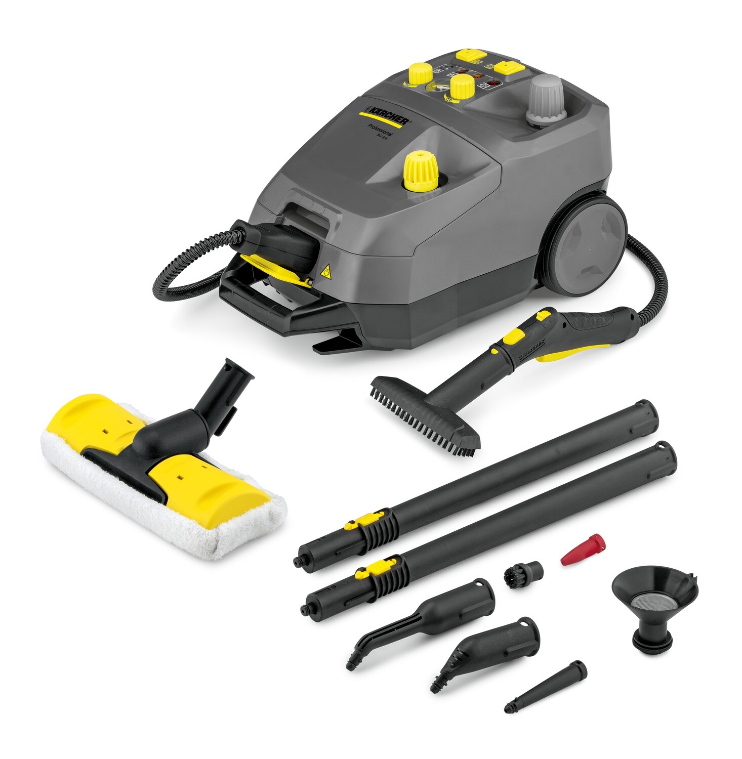 Kärcher SG 4/4 commercial steam cleaner unit with steam hose and floor nozzle resting on tiled floor.