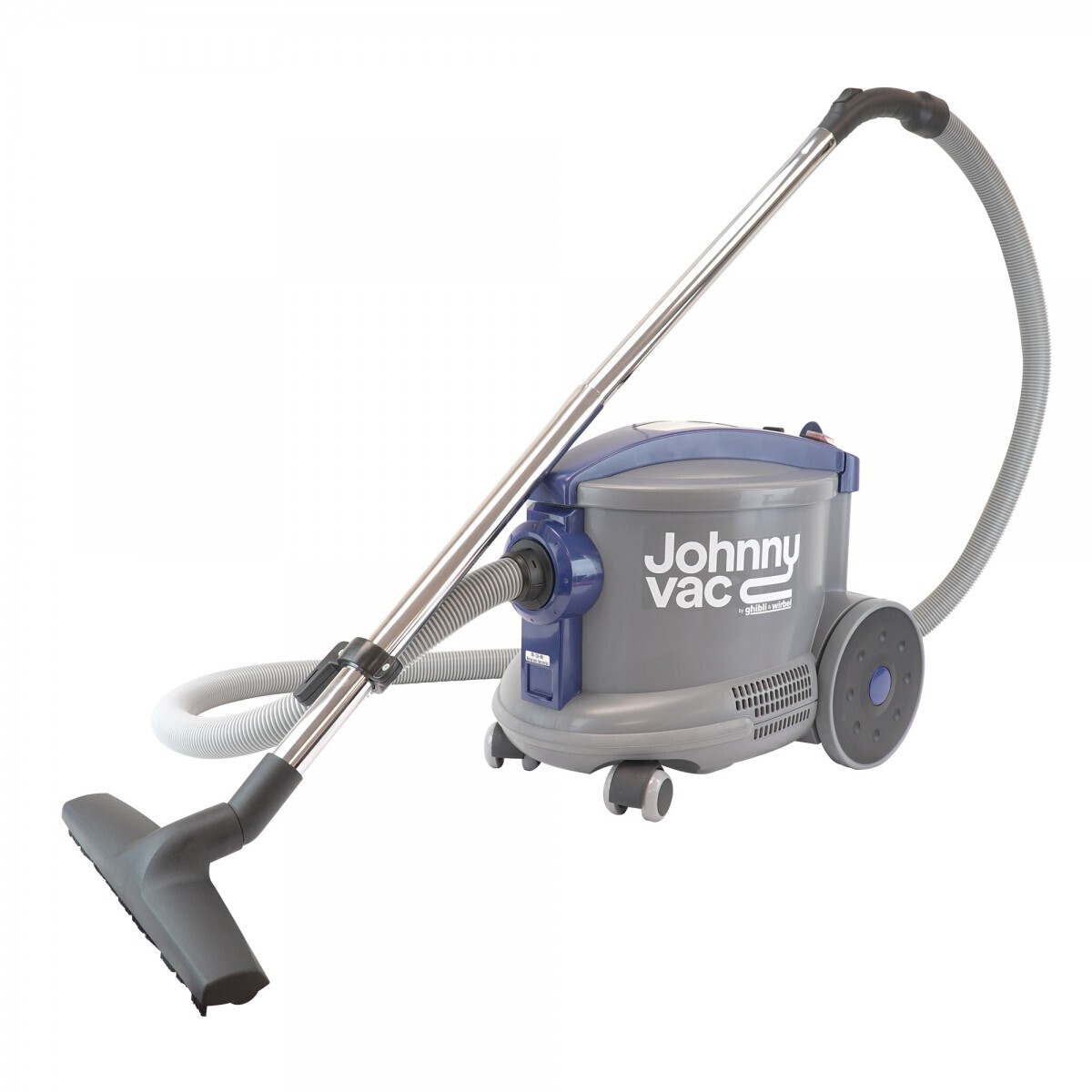 360-degree non-marking caster wheels and accessory storage clips on the JohnnyVac AS6 canister body.