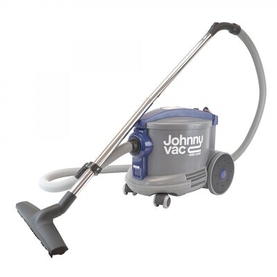 360-degree non-marking caster wheels and accessory storage clips on the JohnnyVac AS6 canister body.