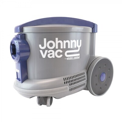 JohnnyVac AS6 JV6 commercial HEPA dry canister vacuum standing on hotel hallway carpet.
