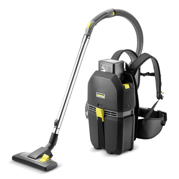 Black and yellow Kärcher BVL 5/1 Bp Pack cordless backpack vacuum featuring its lightweight foam body and waist strap control