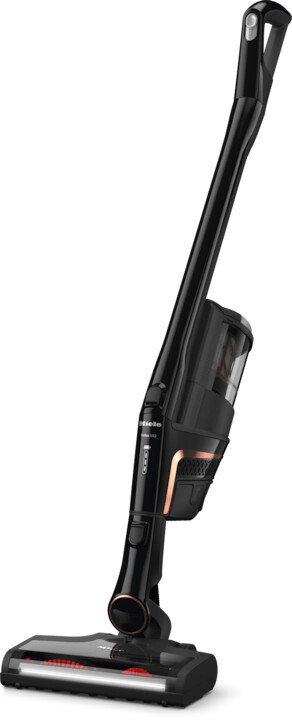 Obsidian Black Miele Triflex HX2 Cat and Dog cordless stick vacuum displaying the extra-wide electrobrush with LED headlights