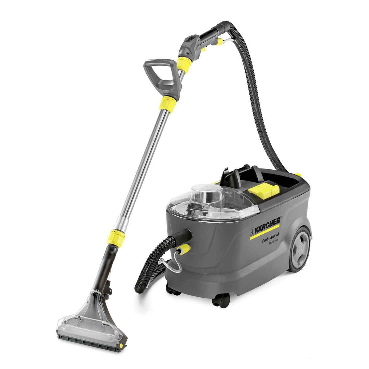 Kärcher Puzzi 10/1 commercial spray extraction cleaner unit with hand tool and flexible floor nozzle.