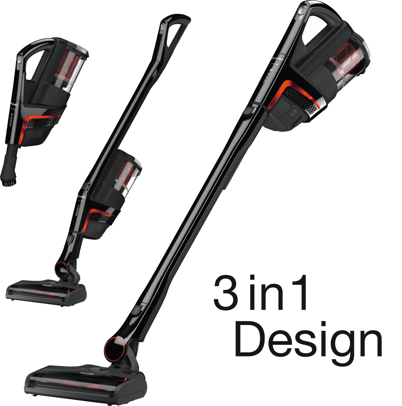 Velvet Black Miele Triflex HX1 Facelift cordless stick vacuum showcasing its self-standing comfort mode configuration.