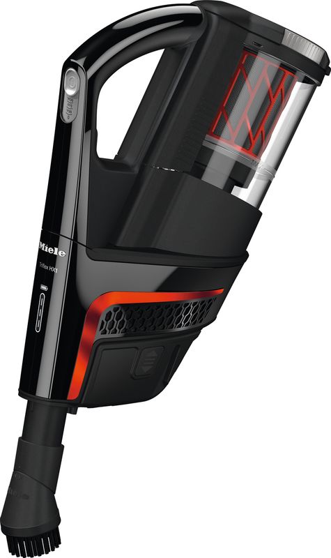 Twisting open the redesigned Twist2open dust container on the Velvet Black Miele Triflex HX1 Facelift handheld unit.