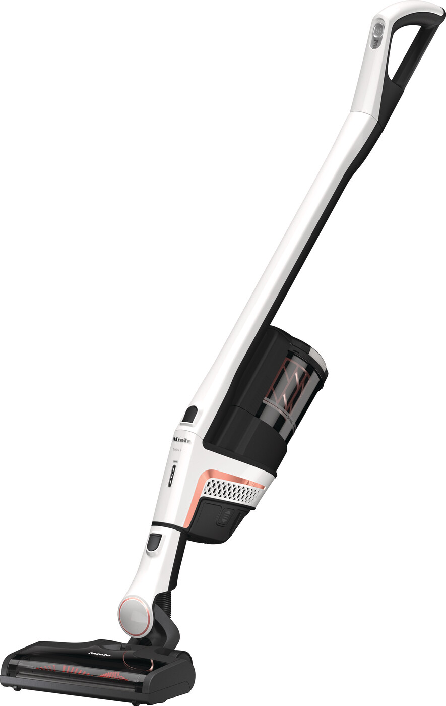Lotus White Miele Triflex HX2 cordless stick vacuum displaying its 3-in-1 modular configurations and XXL electrobrush.